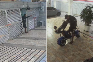 Homem arromba portão de prédio e furta bateria de bicicleta elétrica no litoral de SP; VÍDEO